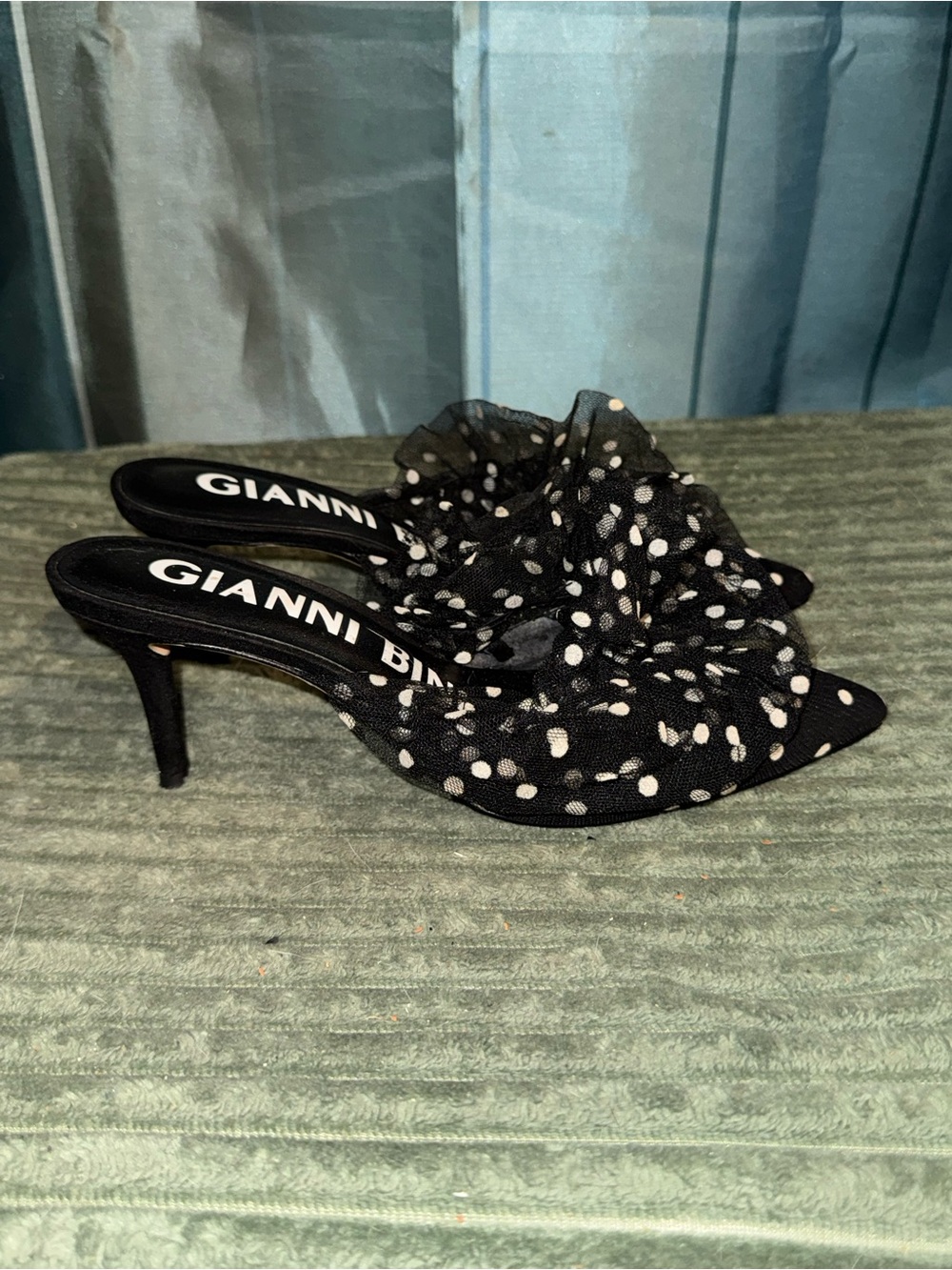 Gianni Bini Black and White Polka Dot Ruffle Mule Heels
